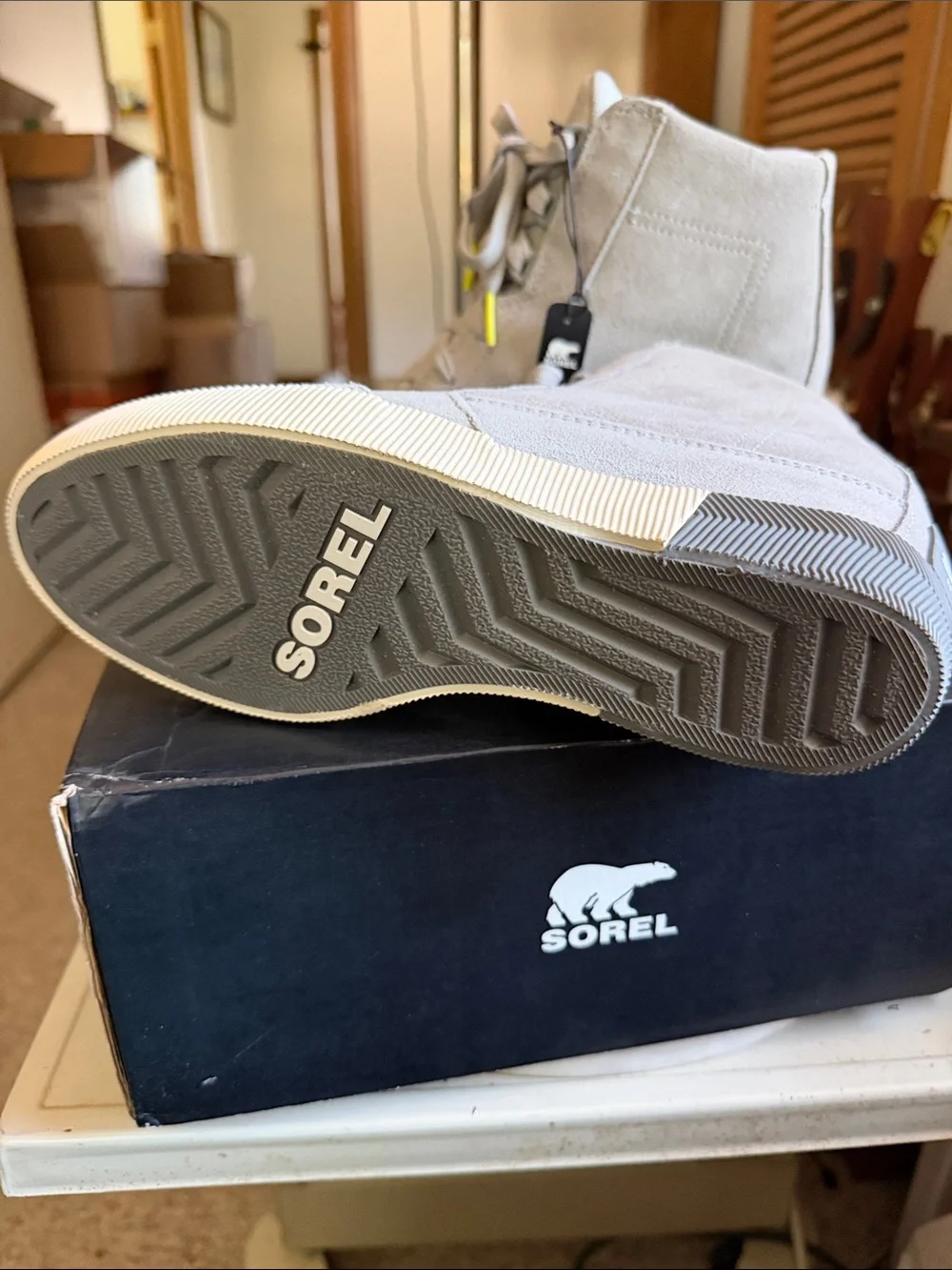 Sorel Out N About Light Gray Suede High-Top Wedge Boots